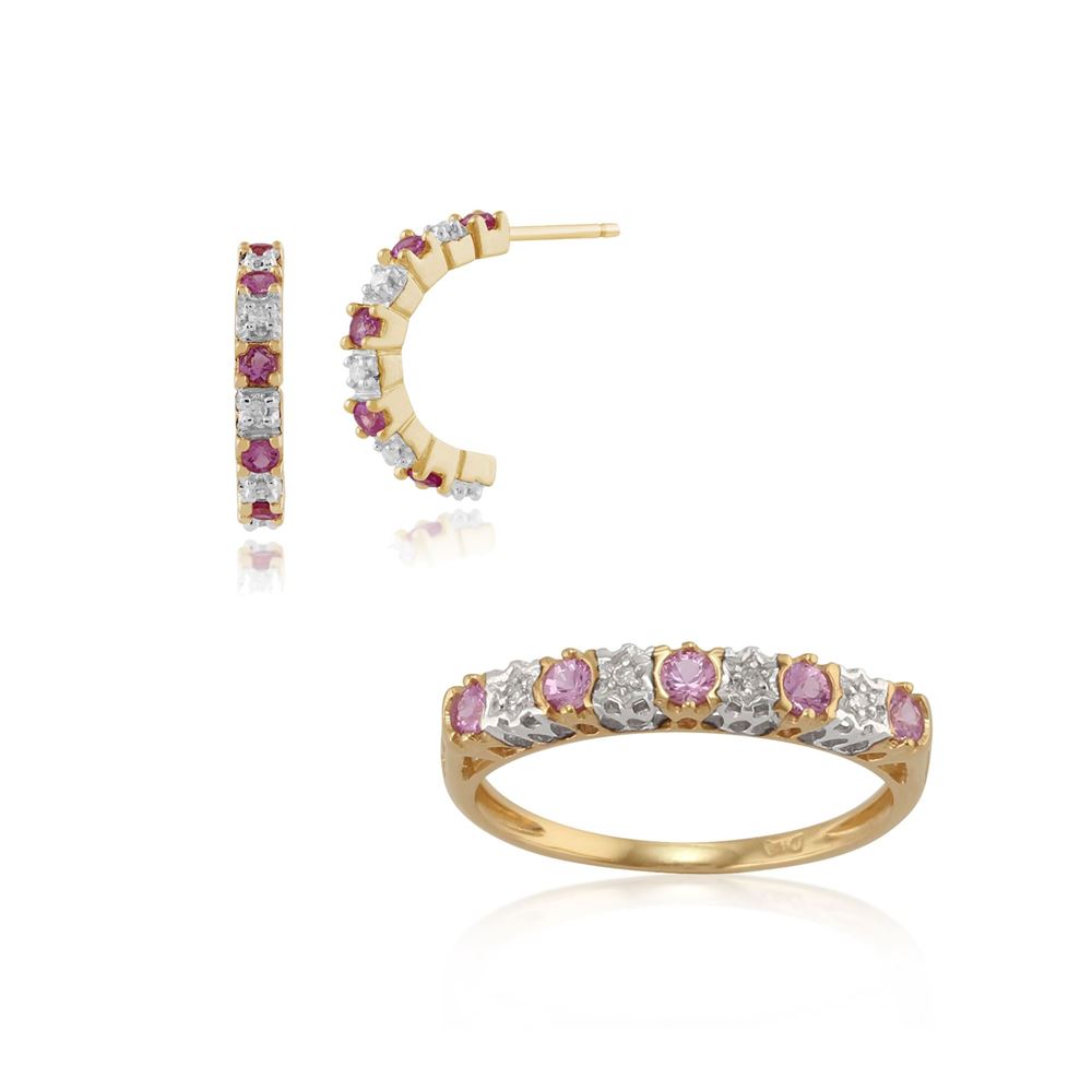 9ct Yellow Gold Pink Sapphire & Diamond Half Hoop Earring & Ring Set